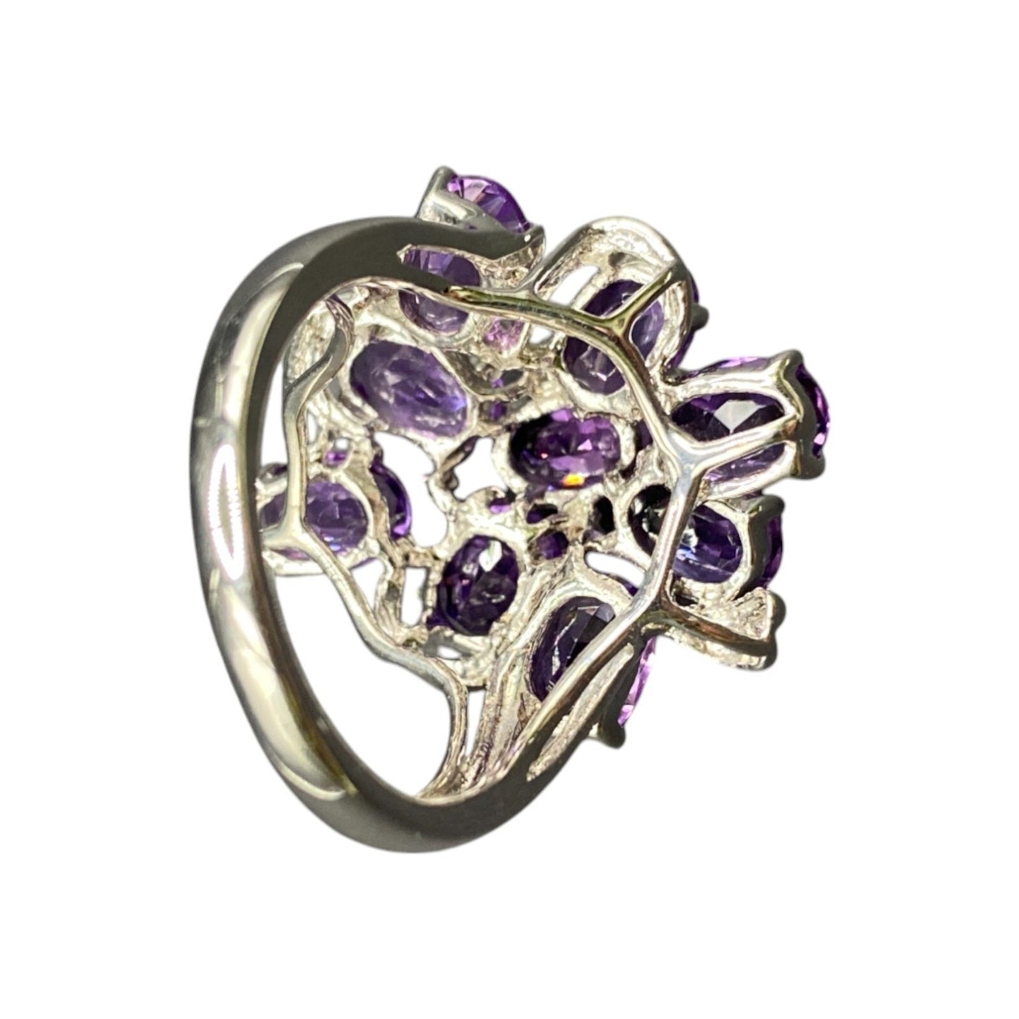 925 Sterling Silver Ring Prong Set Purple Amethyst Gemstone Cluster Size 8