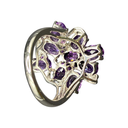 925 Sterling Silver Ring Prong Set Purple Amethyst Gemstone Cluster Size 8