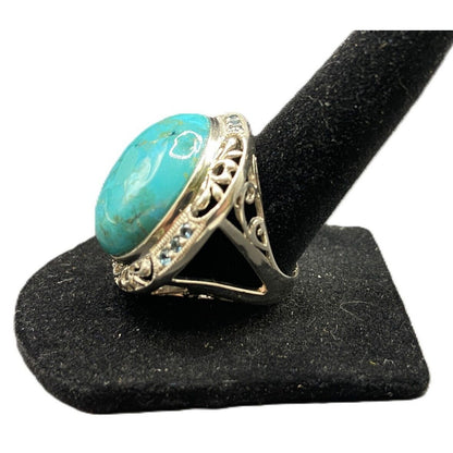 925 Sterling Silver Turquoise Ring Rhinestone Details Cabochon Gemstone Size 8