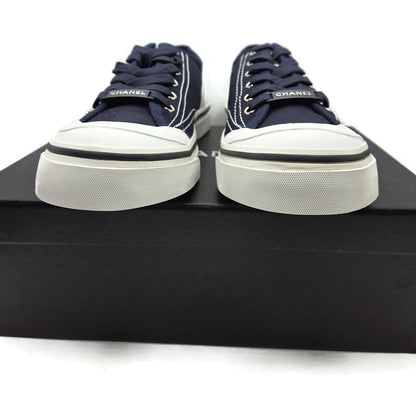 CHANEL Navy Fabric Sneakers Womens Size 40 White Sole Lace Up Low Top Box G34760