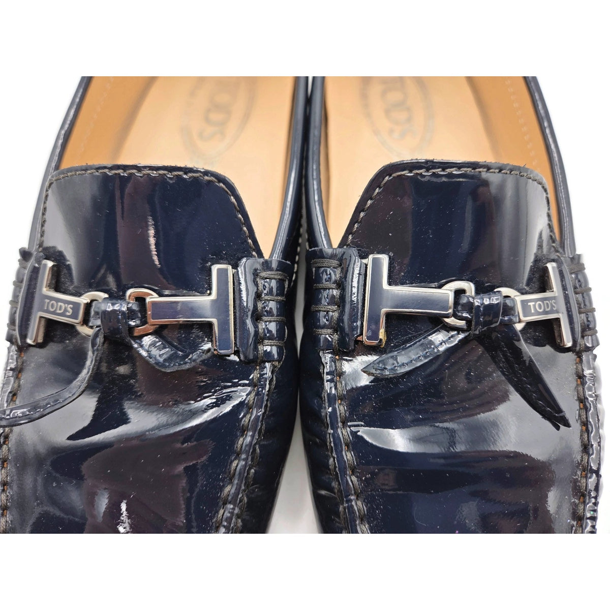 Tod’s Heaven Double T-Bit Loafers Driving Shoes Navy Patent Leather Rare 39.5