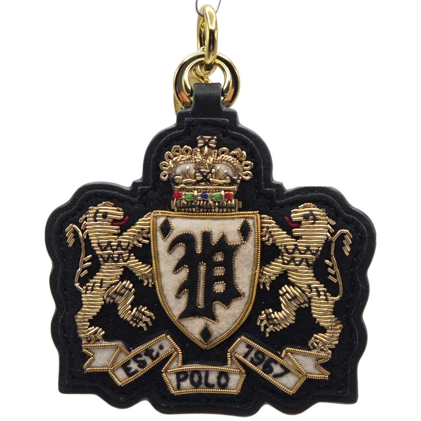 Polo Ralph Lauren Gold Black Leather Tag Double Lion Charm Keychain One Size NWT