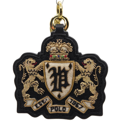 Polo Ralph Lauren Gold Black Leather Tag Double Lion Charm Keychain One Size NWT