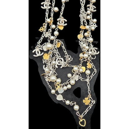 CoCo Chanel Three Strand Chain Hearts Clover Faux Pearl CC Logo Charm Necklace
