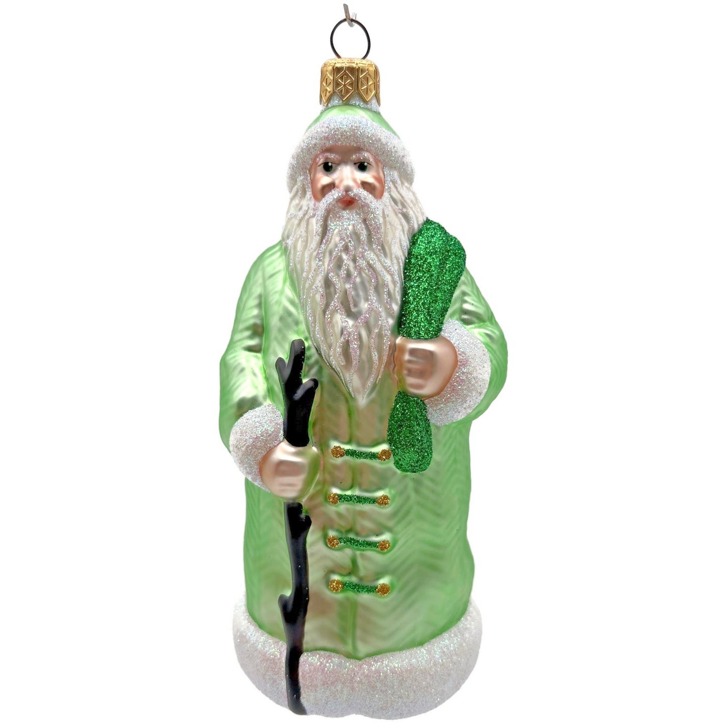 Patricia Breen Santa of the Mead Green White Trim Black Staff Christmas Ornament