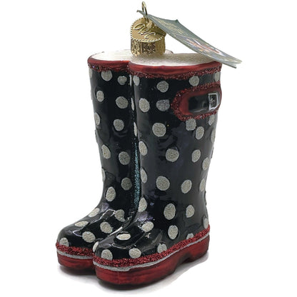Rubber Boots Ornament Black Polka Dots OWC Old World Christmas Tree Decoration