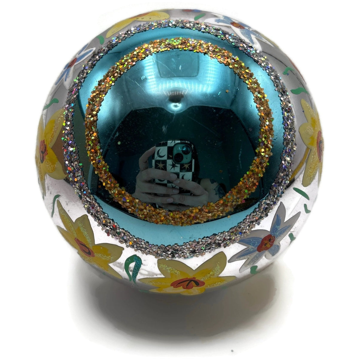 Christopher Radko Floral Glass Ornament Silver Blue Yellow Hand Painted Glitter