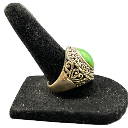 925 Sterling Silver Ring Green Turquoise Gemstone 7.5 Filigree Round Cabochon