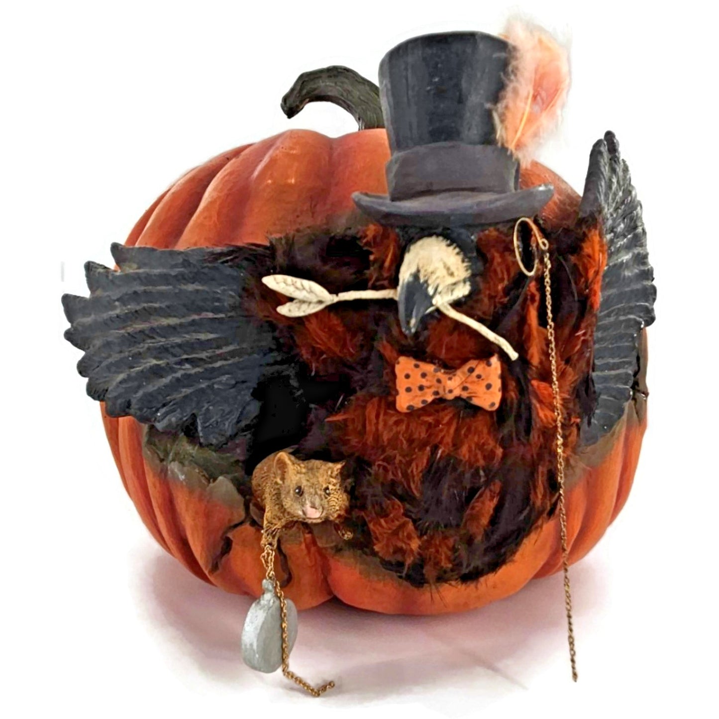 Bethany Lowe Cawing Pumpkin Halloween Raven Crow Top Hat Mouse Paper Mache Decor