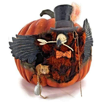 Bethany Lowe Cawing Pumpkin Halloween Raven Crow Top Hat Mouse Paper Mache Decor