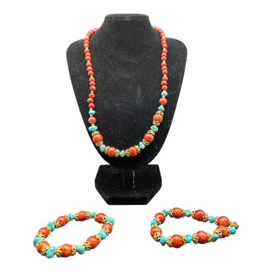3 Pc Set Sponge Coral Turquoise Beaded Necklace Bracelets Gold Tone Metal