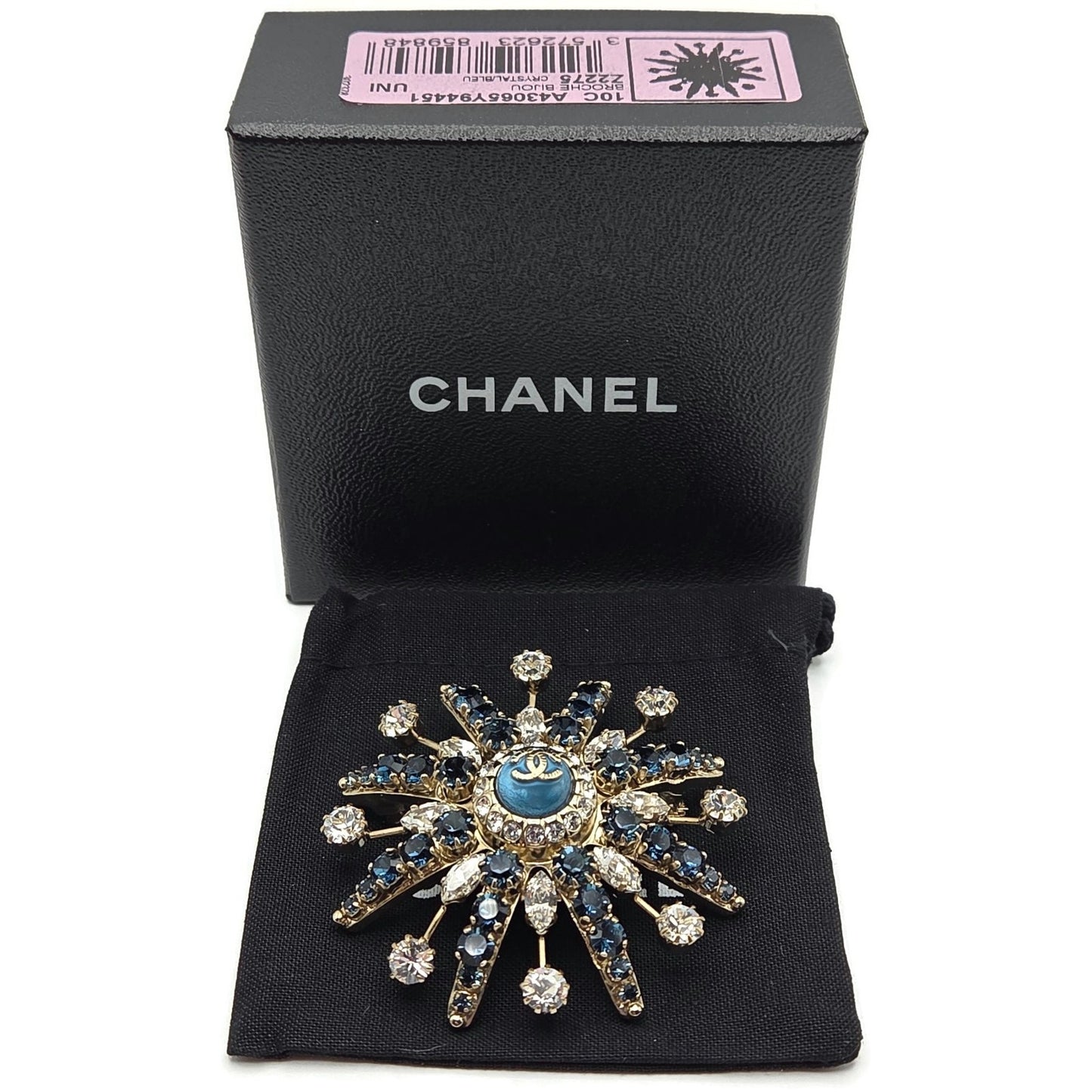 CoCo Chanel Starburst Brooch Blue Crystal Rhinestone Gold Tone Pin with Box Rare
