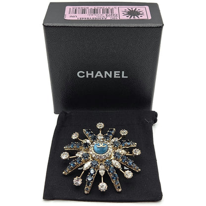 CoCo Chanel Starburst Brooch Blue Crystal Rhinestone Gold Tone Pin with Box Rare