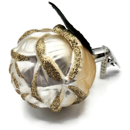 Clip On Rose Pearl Ivory Floral Old World Christmas Glass Ornament Inge Glas
