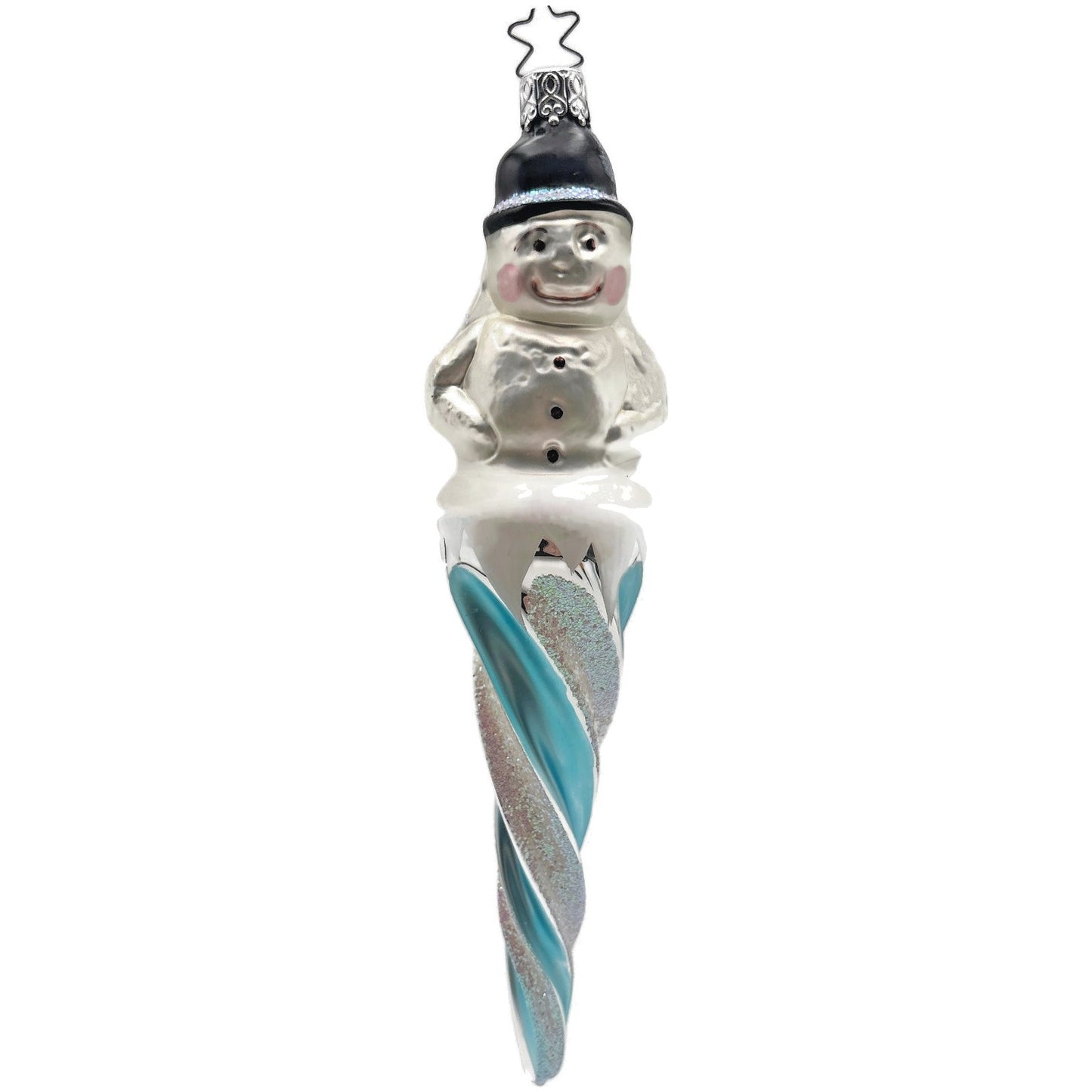 Inge Glas Snowman Icicle Blue White German Glass Christmas Ornament 7 inch