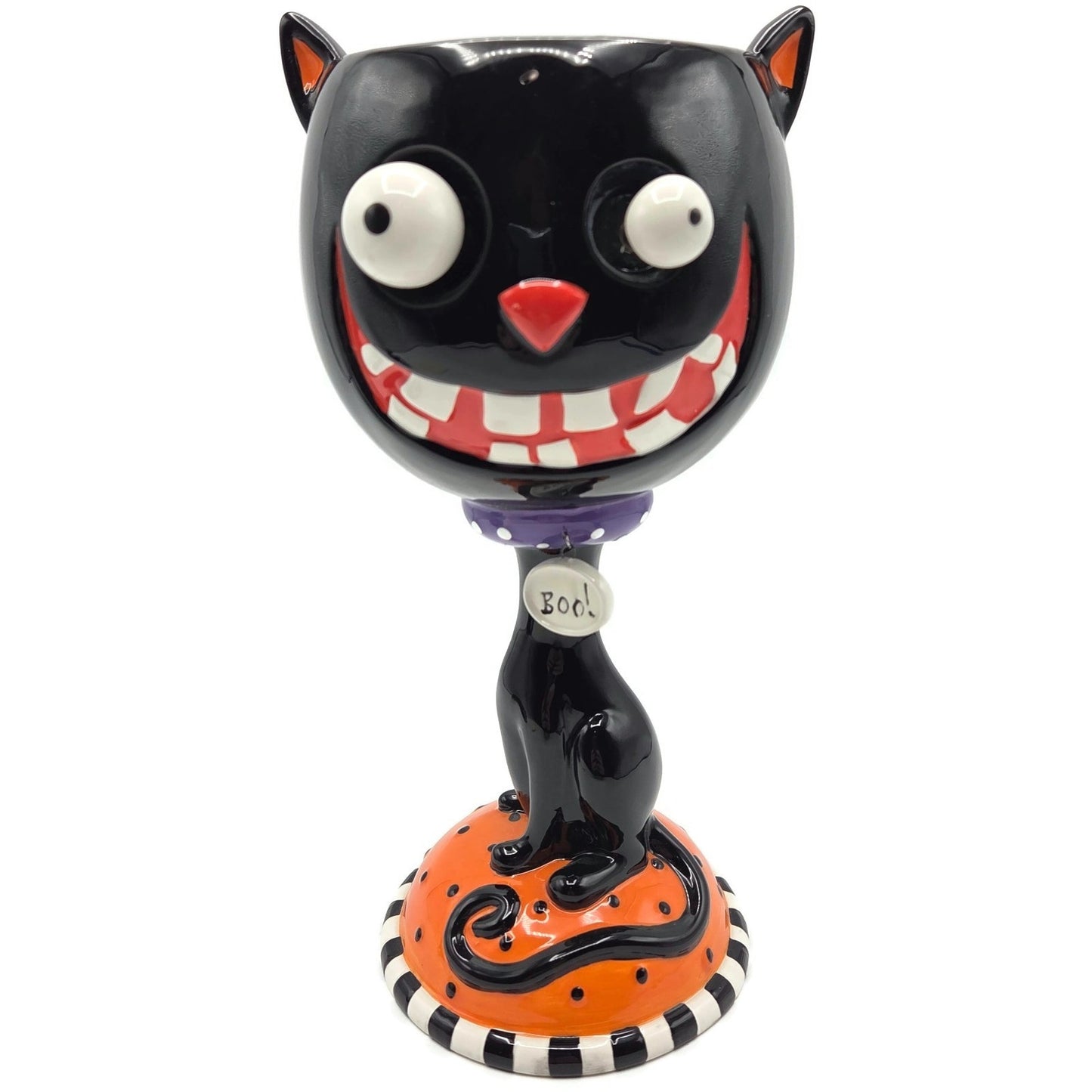 Department 56 Halloween Google Eye Black Cat Goblet Ceramic Candy Dish Party