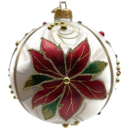 Glitter Lab Christmas Patterns Poinsettia Leaves White Orb Ball Holiday Ornament