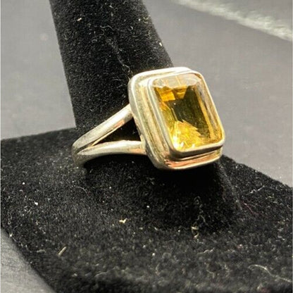 Emerald Cut Yellow Citrine Crystal Gemstone Ring 925 Sterling Silver Size 8.25