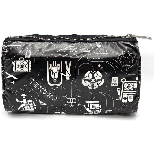 Chanel Travel Icon Cosmetic Pouch Bag Black White CC Logo Airline Print 16S A824