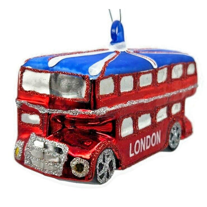 London England Double Decker Red Bus Glass Christmas Holiday Tree Ornament
