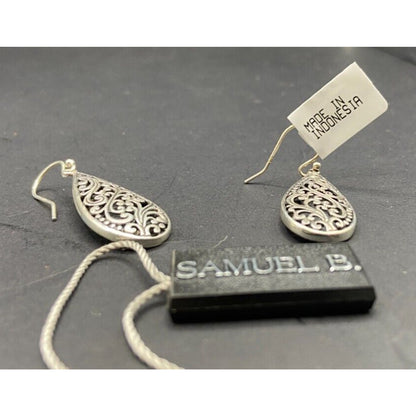 Samuel B Teardrop Shape Dangle Hook Earrings 925 Sterling Silver Filigree NWT