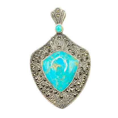 Turquoise Pendant Marcasite Ornament Sterling Silver Thailand Stamped