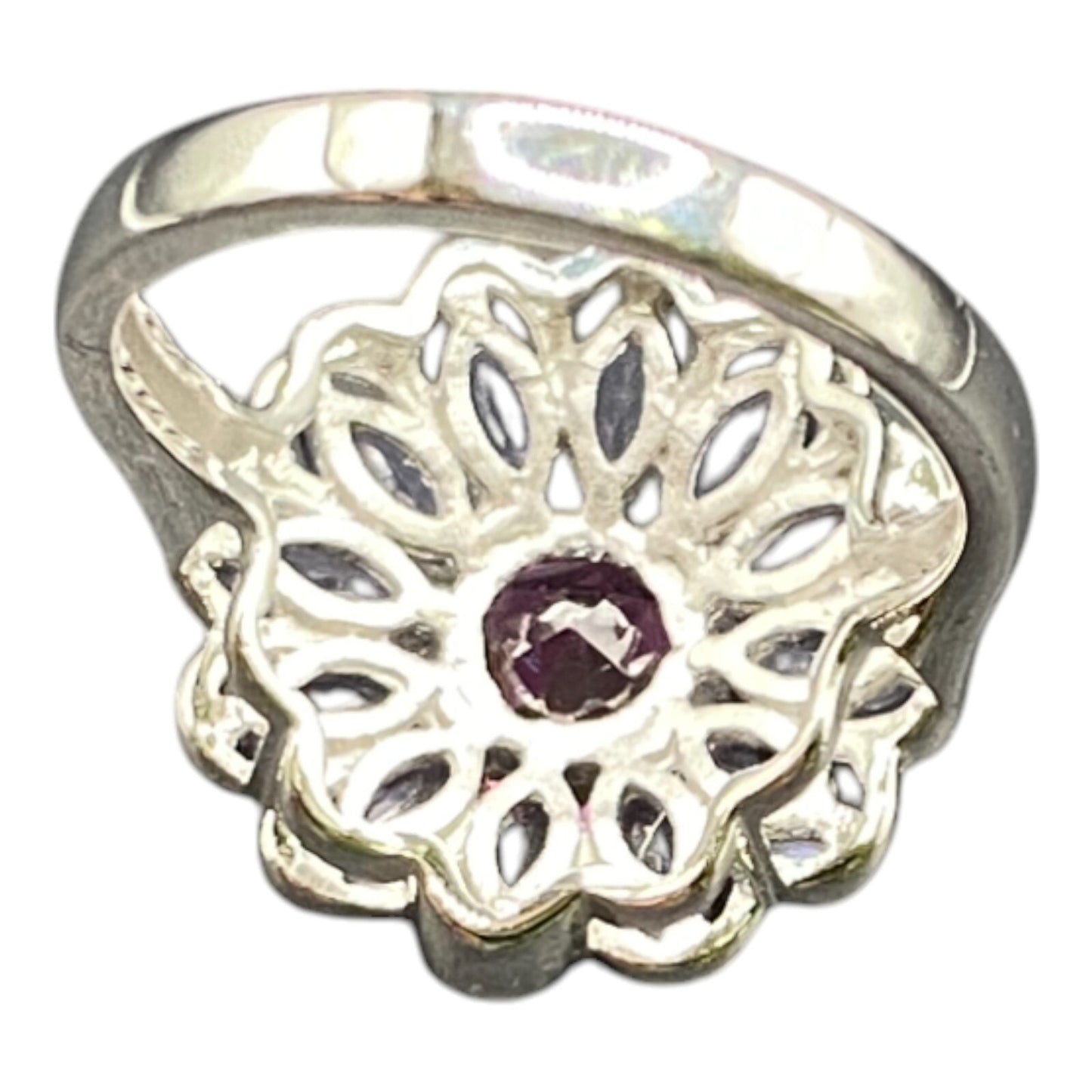 925 Sterling Silver Prong Set Blue Purple Gemstone Flower Cocktail Ring Size 8