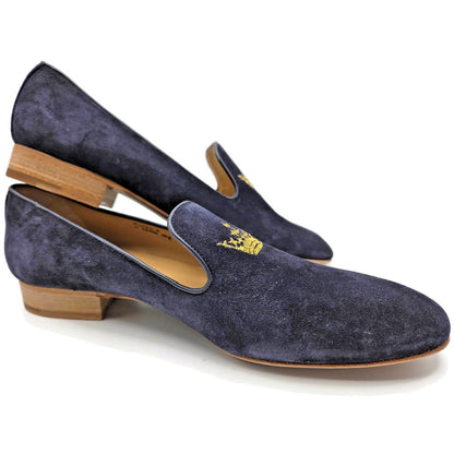 Churchs Flora 2 Dark Blue Suede Loafers Rare Crown Embroidered Luxury Shoes