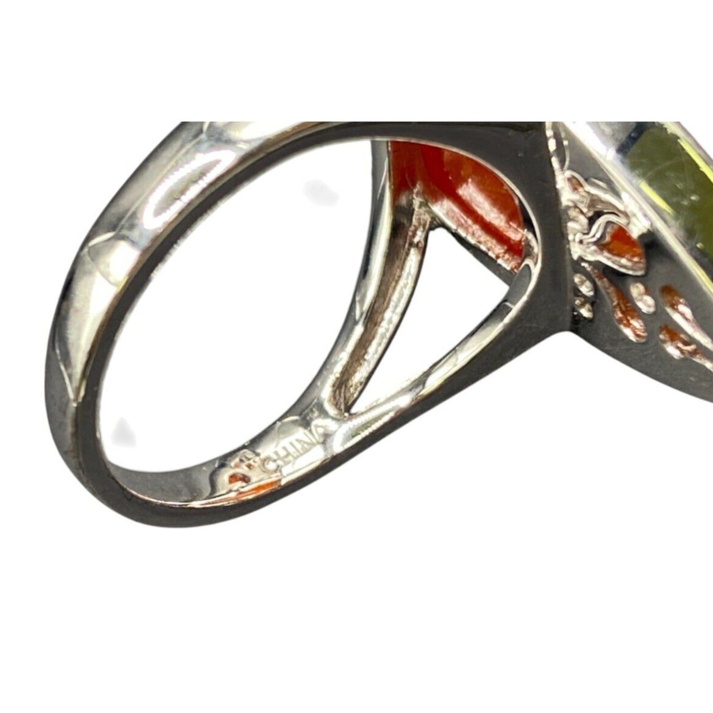 925 Sterling Silver Ring Agate Pink Orange Semi Precious Stone Marquise Size 9