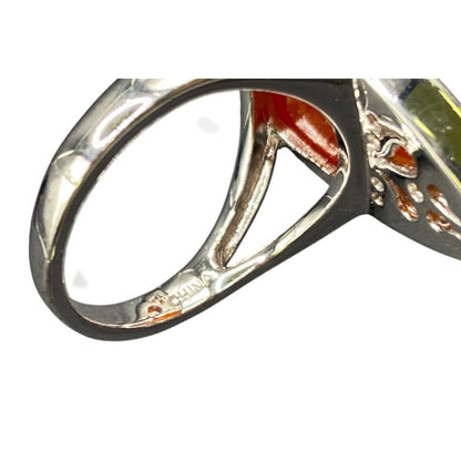 925 Sterling Silver Ring Agate Pink Orange Semi Precious Stone Marquise Size 9