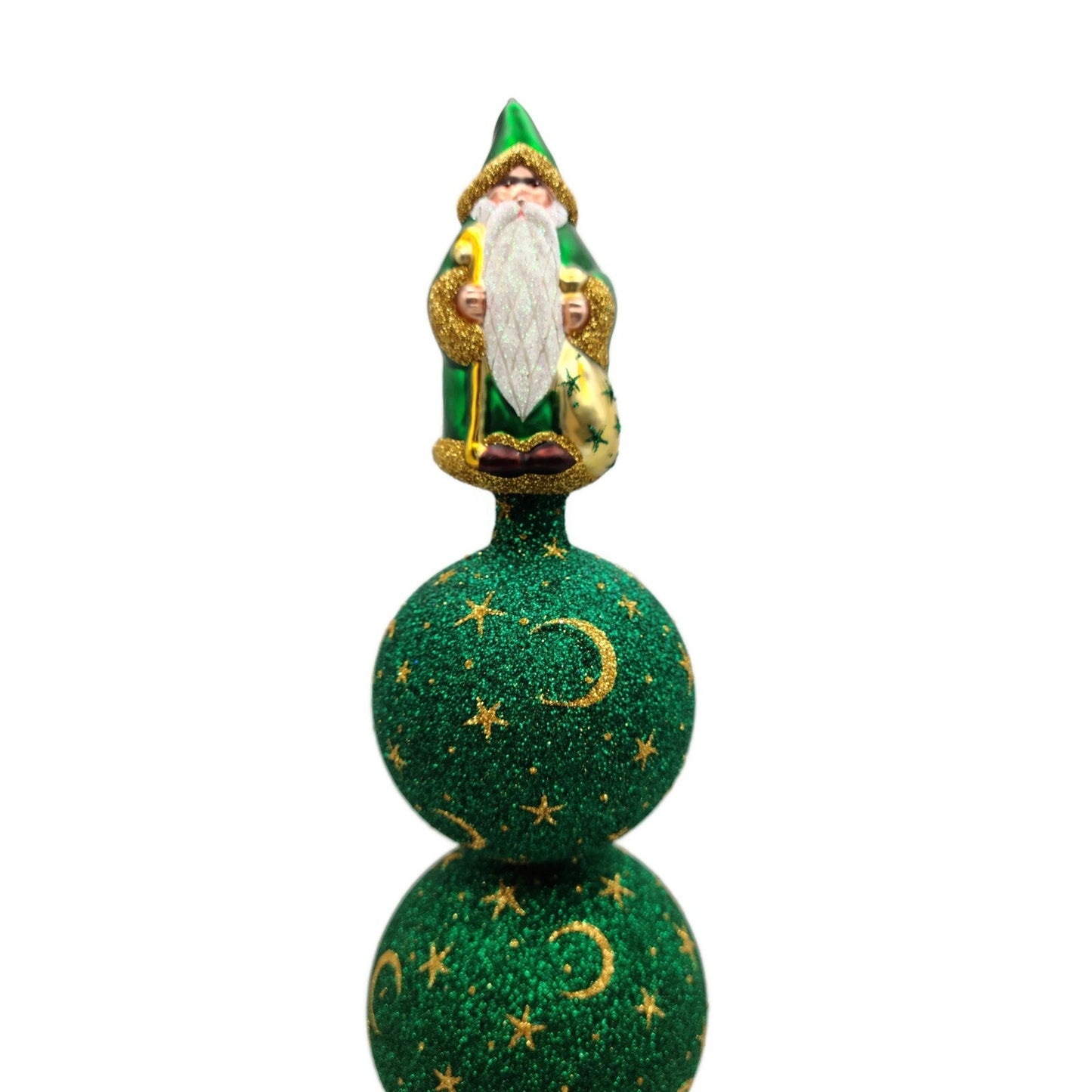 Patricia Breen Woodland Santa Finial Green Gold 3-Ball Christmas Tree Topper