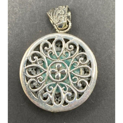 Amazonite Crystal Stone Pendant Round Cabochon Shaped Silver Tone Metal Filigree