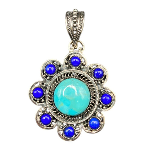 Turquoise Lapis Lazuli Pendant Crystal Stone Flower Silver Tone Metal Filigree