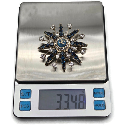 CoCo Chanel Starburst Brooch Blue Crystal Rhinestone Gold Tone Pin with Box Rare