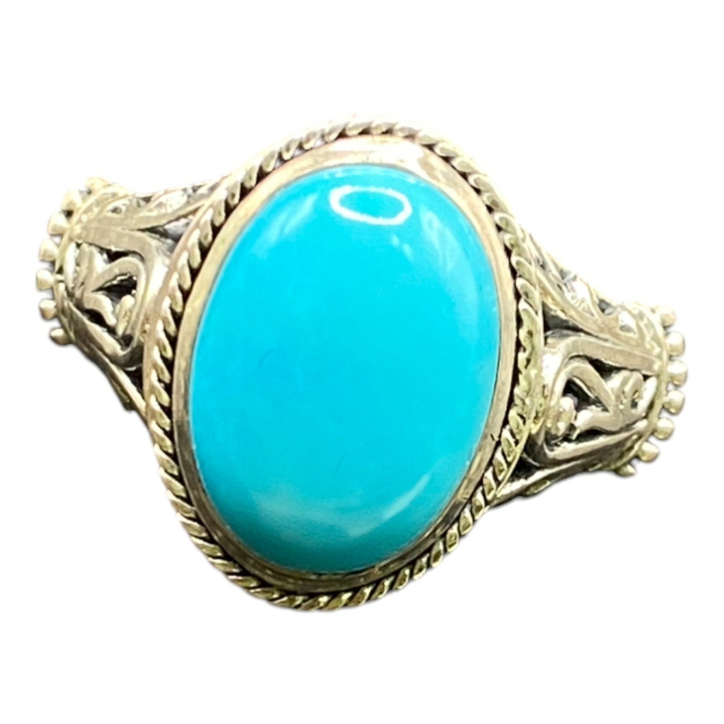 925 Sterling Silver Filigree Oval Turquoise Gemstone Cocktail Ring Size 8 3/4