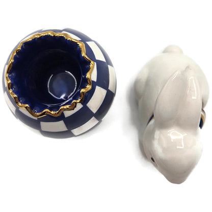 Mackenzie Childs Royal Check Blue Bunny Hostess Napkin Weight Egg Toothpick Set