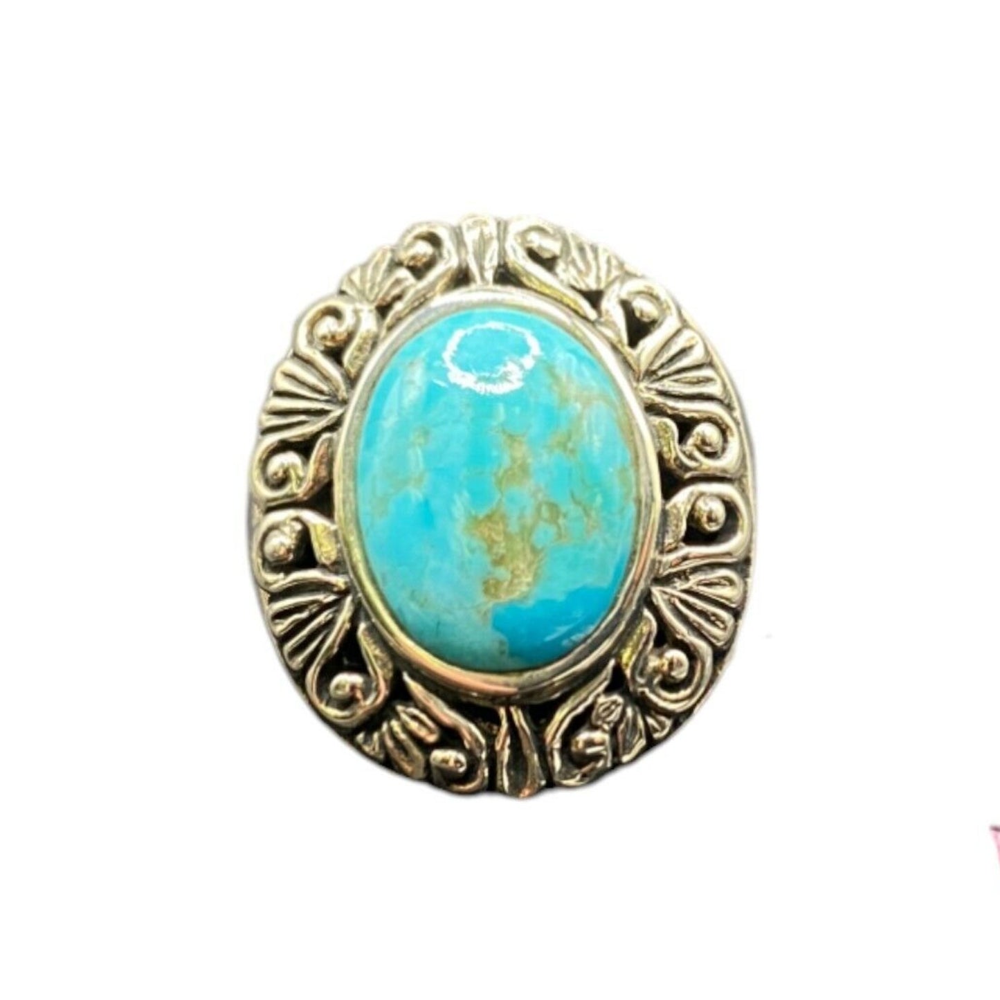 Ring Filigree Turquoise Gemstone Oval Cabochon NK 925 Sterling Silver Size 7.75