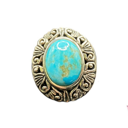 Ring Filigree Turquoise Gemstone Oval Cabochon NK 925 Sterling Silver Size 7.75