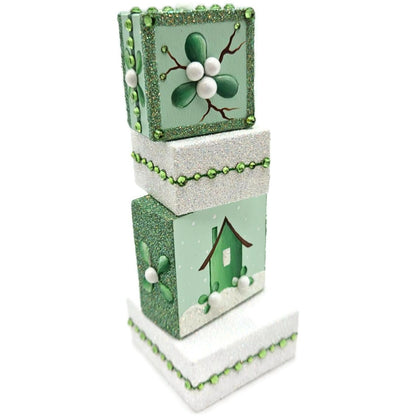 Patricia Breen Presenting Mistletoe Reindeer Green Christmas Ornament Blocks HCB