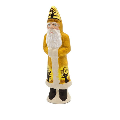 Father Christmas Trees Yellow Coat Chalkware Folk Art Holiday Figurine