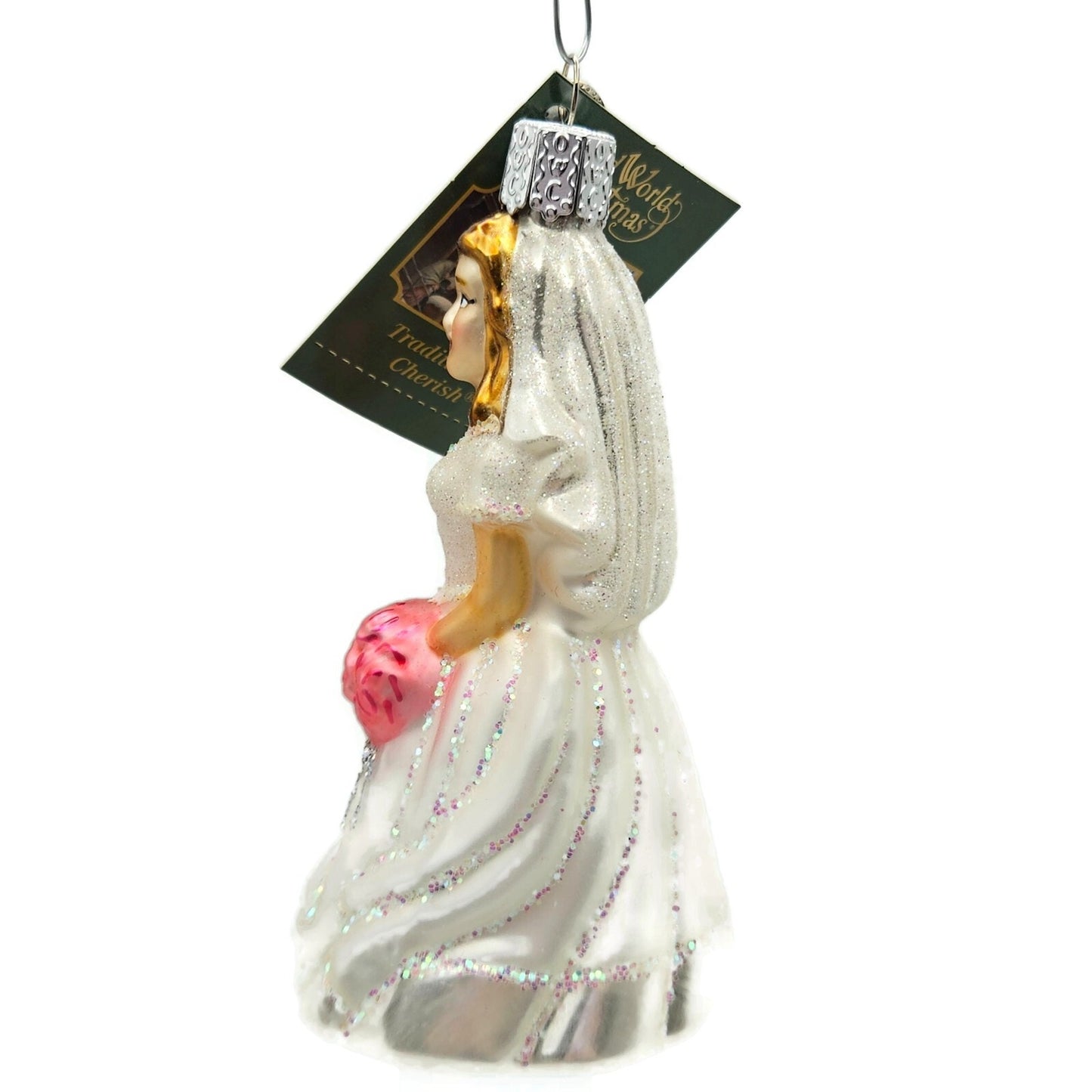 Old World Christmas Bride Brunette White Dress Pink Bouquet Christmas Ornament