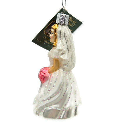 Old World Christmas Bride Brunette White Dress Pink Bouquet Christmas Ornament