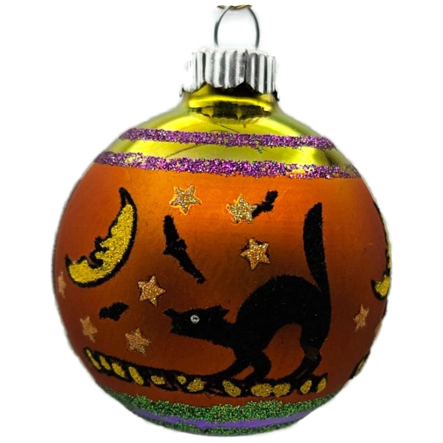 Christopher Radko Shiny Brite Orange Black Cat Glass Ball Halloween Ornament