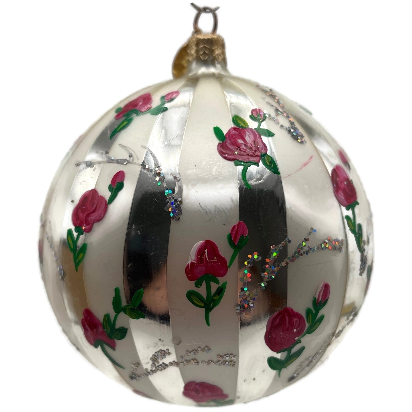 Christopher Radko Parlour Pink Roses Silver Striped Glitter Christmas Ornament