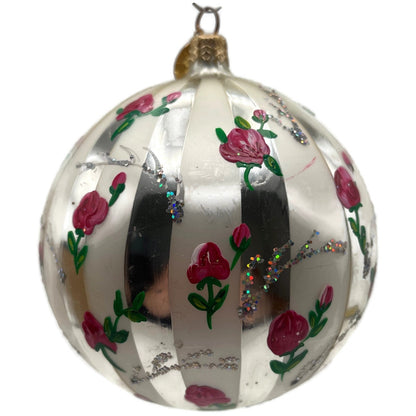 Christopher Radko Parlour Pink Roses Silver Striped Glitter Christmas Ornament