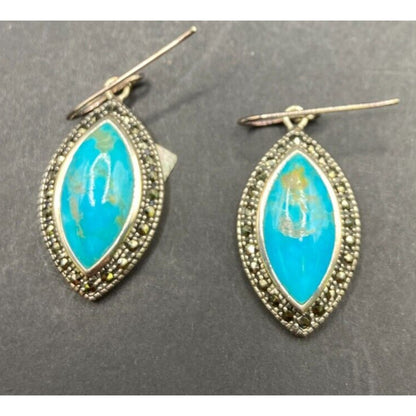 Marquise Turquoise Hook Dangle Earrings Marcasite Stone 925 Sterling Silver NK