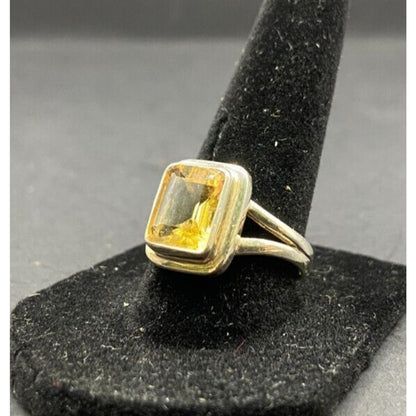 Emerald Cut Yellow Citrine Crystal Gemstone Ring 925 Sterling Silver Size 8.25