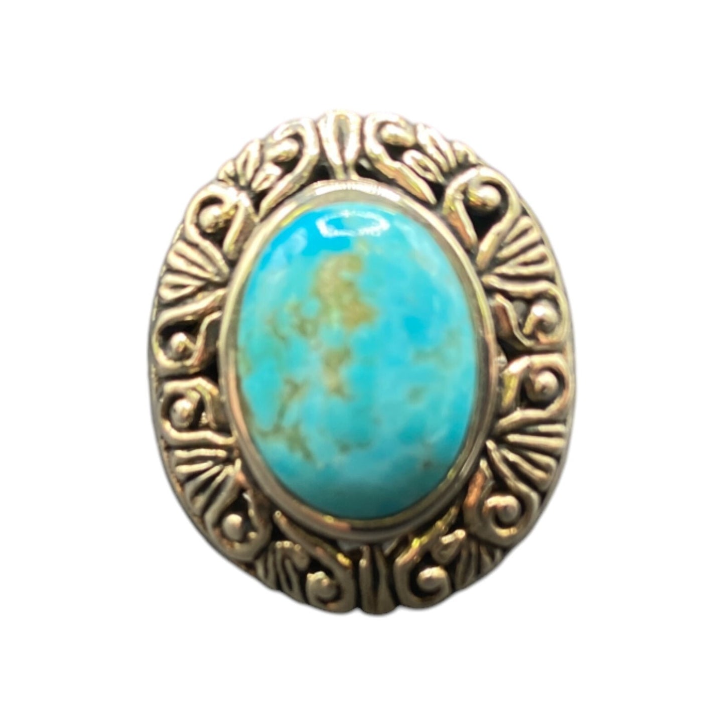 Ring Filigree Turquoise Gemstone Oval Cabochon NK 925 Sterling Silver Size 7.75
