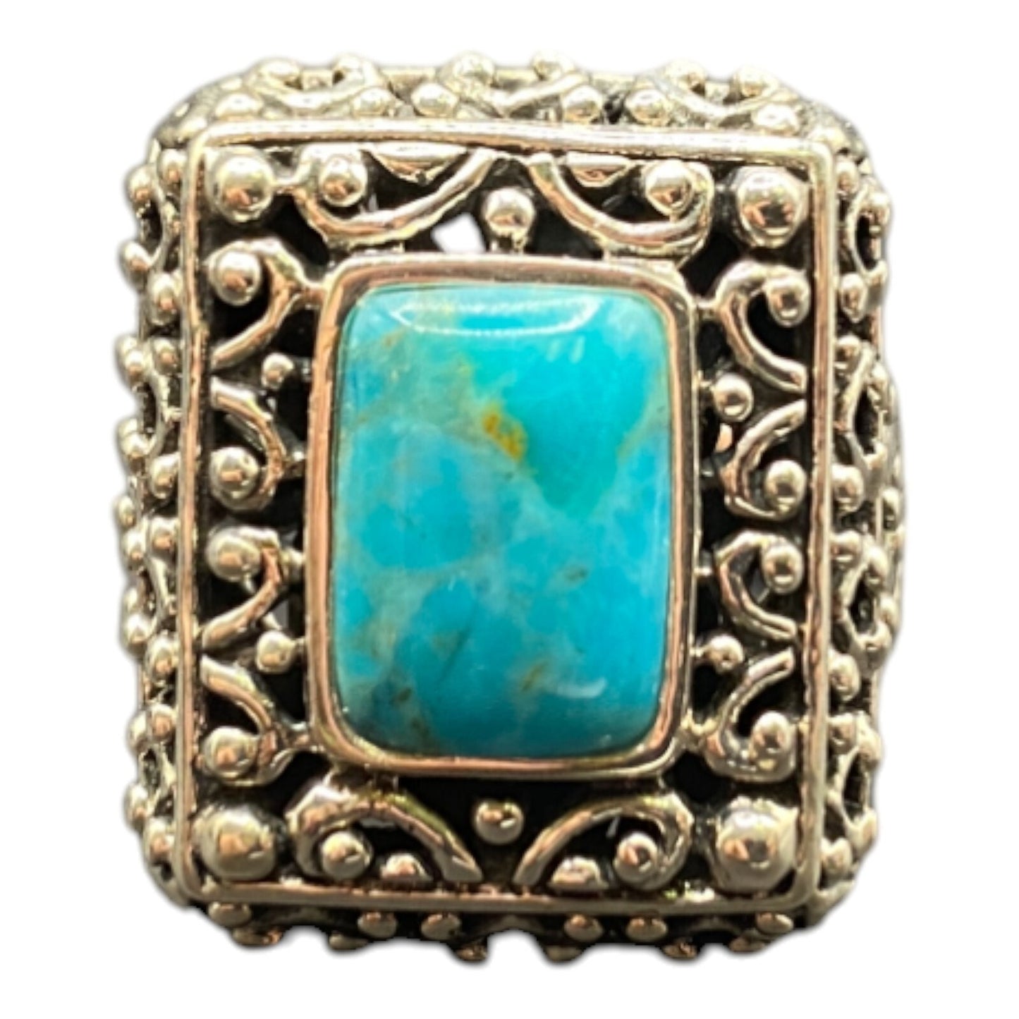 Cocktail Ring Size 8.5 Turquoise 925 Sterling Silver Filigree Rectangle Gemstone