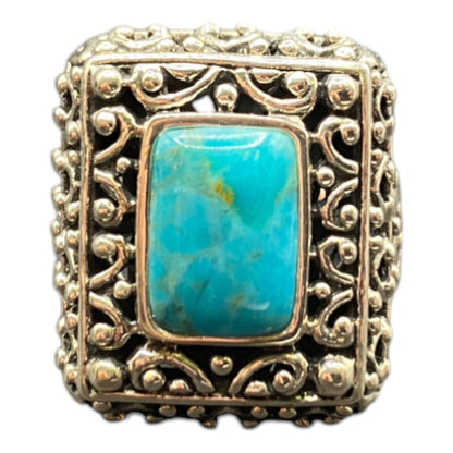 Cocktail Ring Size 8.5 Turquoise 925 Sterling Silver Filigree Rectangle Gemstone